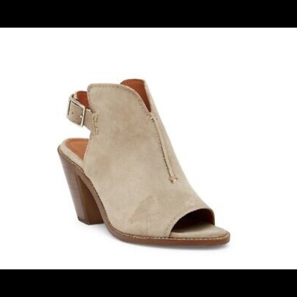 Frye open toe booties. Dani shield sling taupe